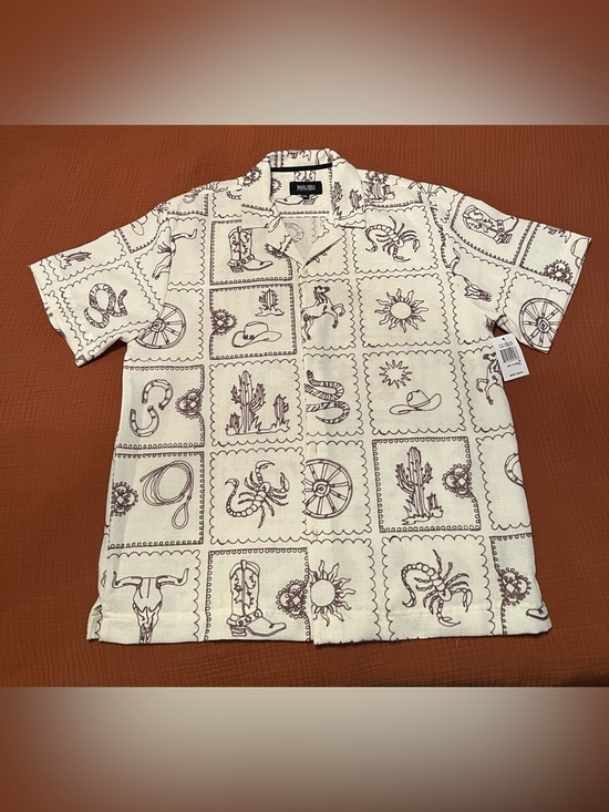 Malibu Other - Malibu Cream Camp Shirt with Brown Western Stamp Embroidery